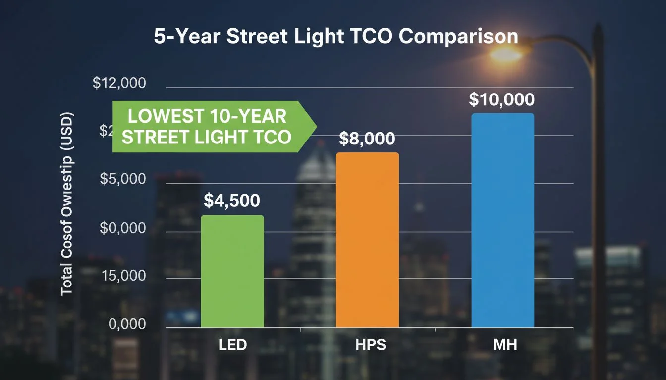 A chart showing the 10-year Total Cost of Ownership for LED, HPS, and MH street lights, with LED being the lowest