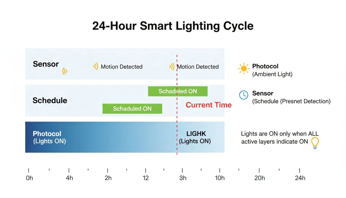 Graphic showing how photocell, schedule, and sensor layers work together over a 24-hour period