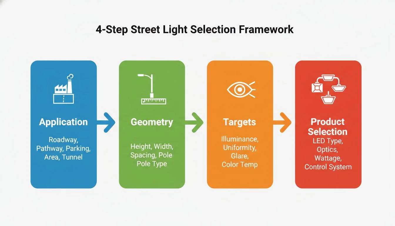 A 4-step infographic for selecting a street light: Application, Geometry, Targets, and Product Selection