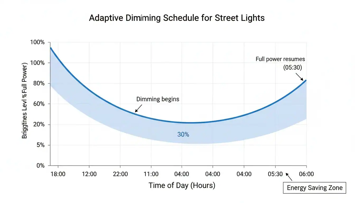 A graph showing streetlight brightness levels dimming during late-night hours and returning to full power at dawn