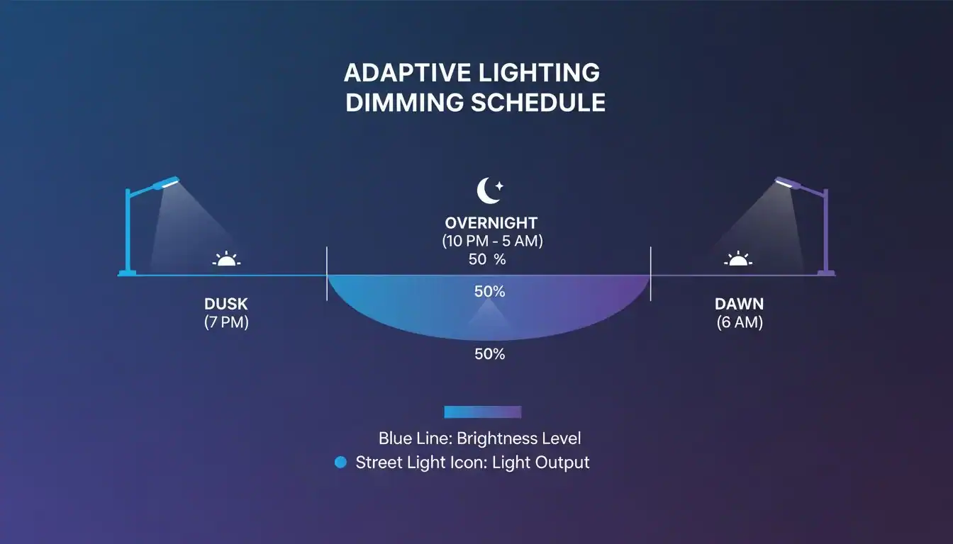A timeline graphic showing a street light's brightness level changing throughout the night, from 100% at dusk to 50% overnight.