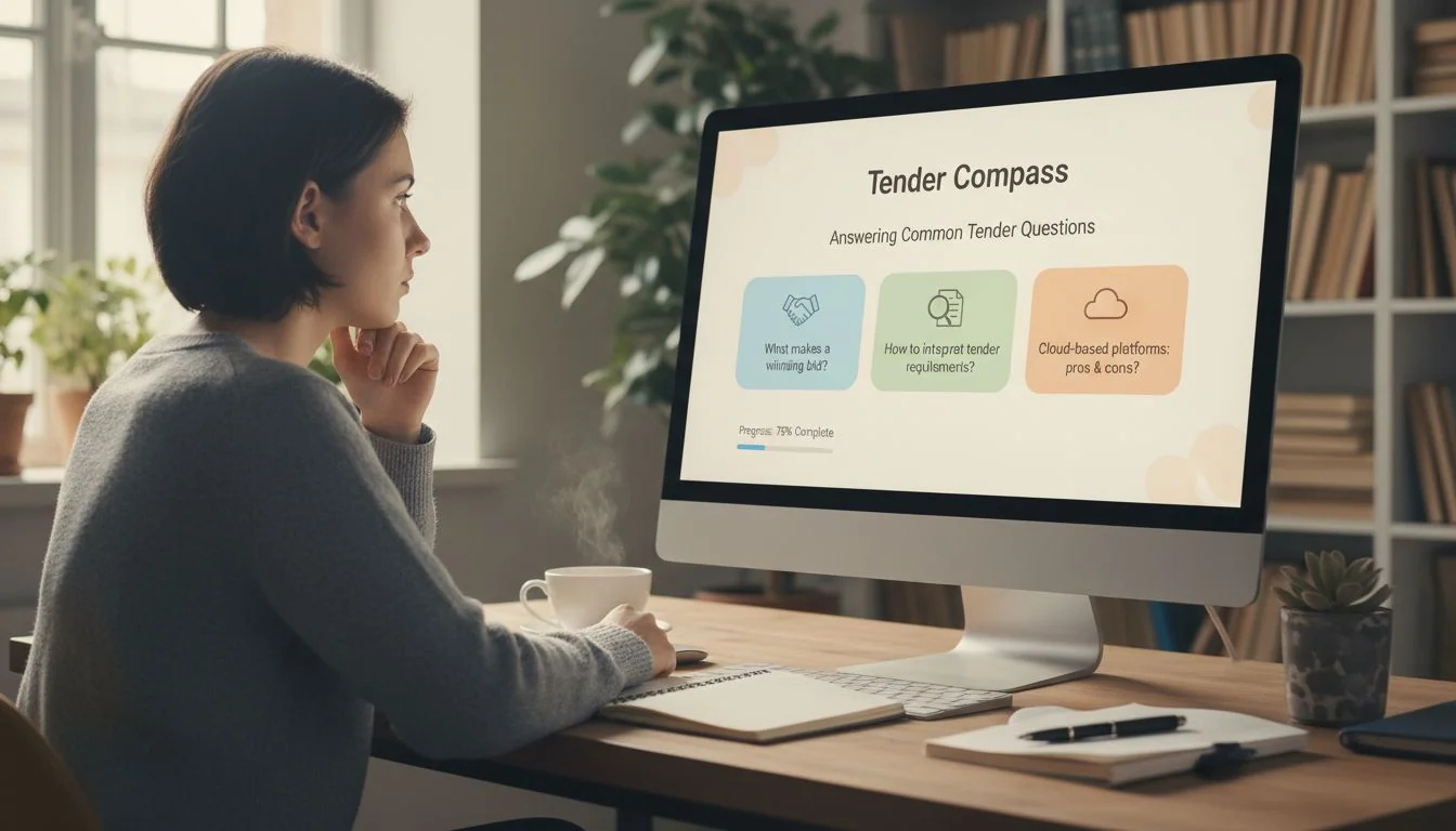 A person at a desk looking thoughtfully at a computer screen displaying a tender portal.