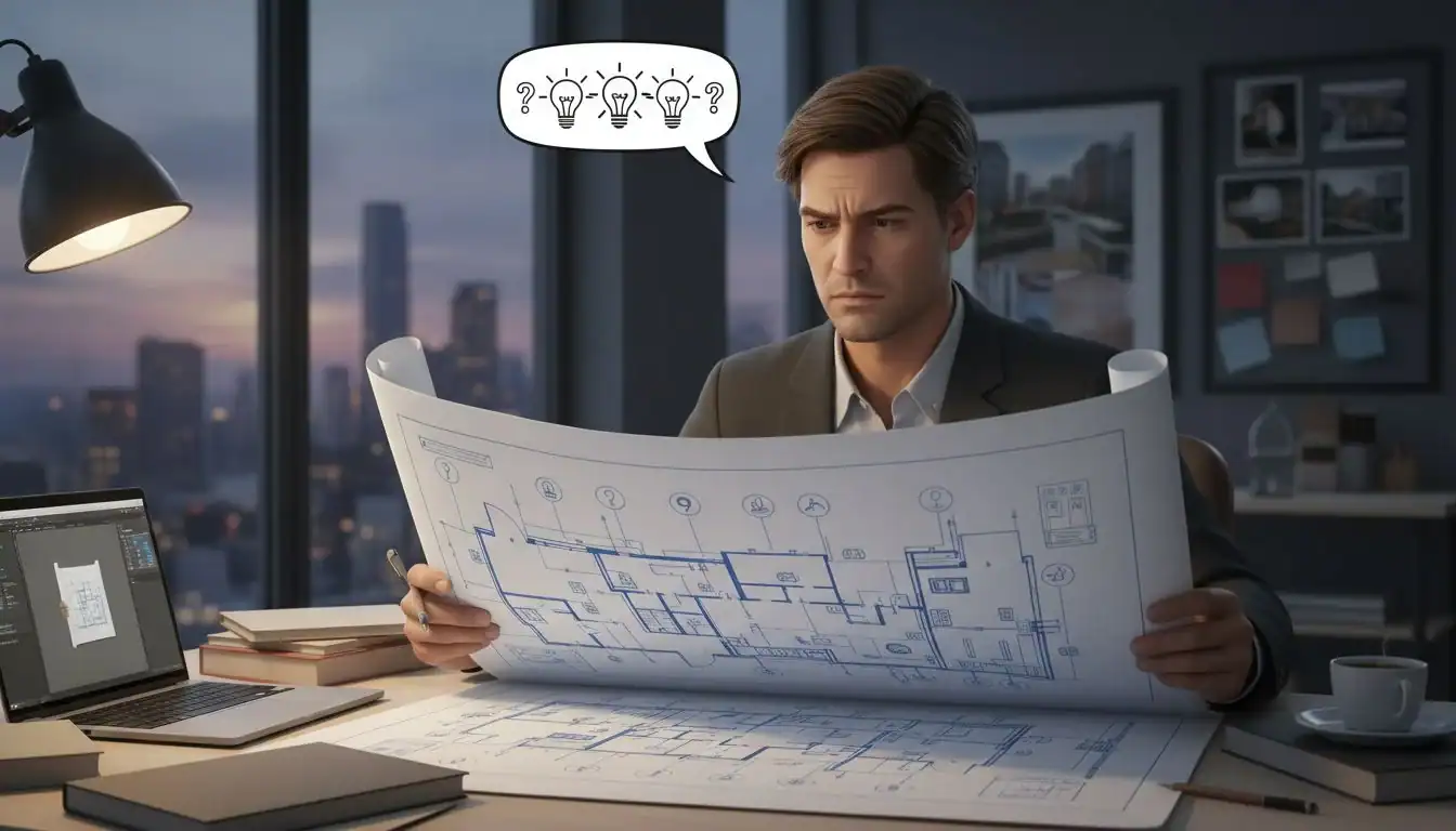 A person looking at a lighting plan blueprint with a thoughtful expression.