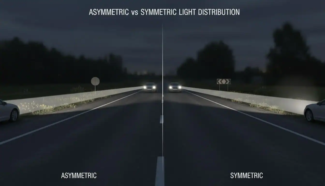 An animation showing the difference between a symmetric and an asymmetric light beam on a road