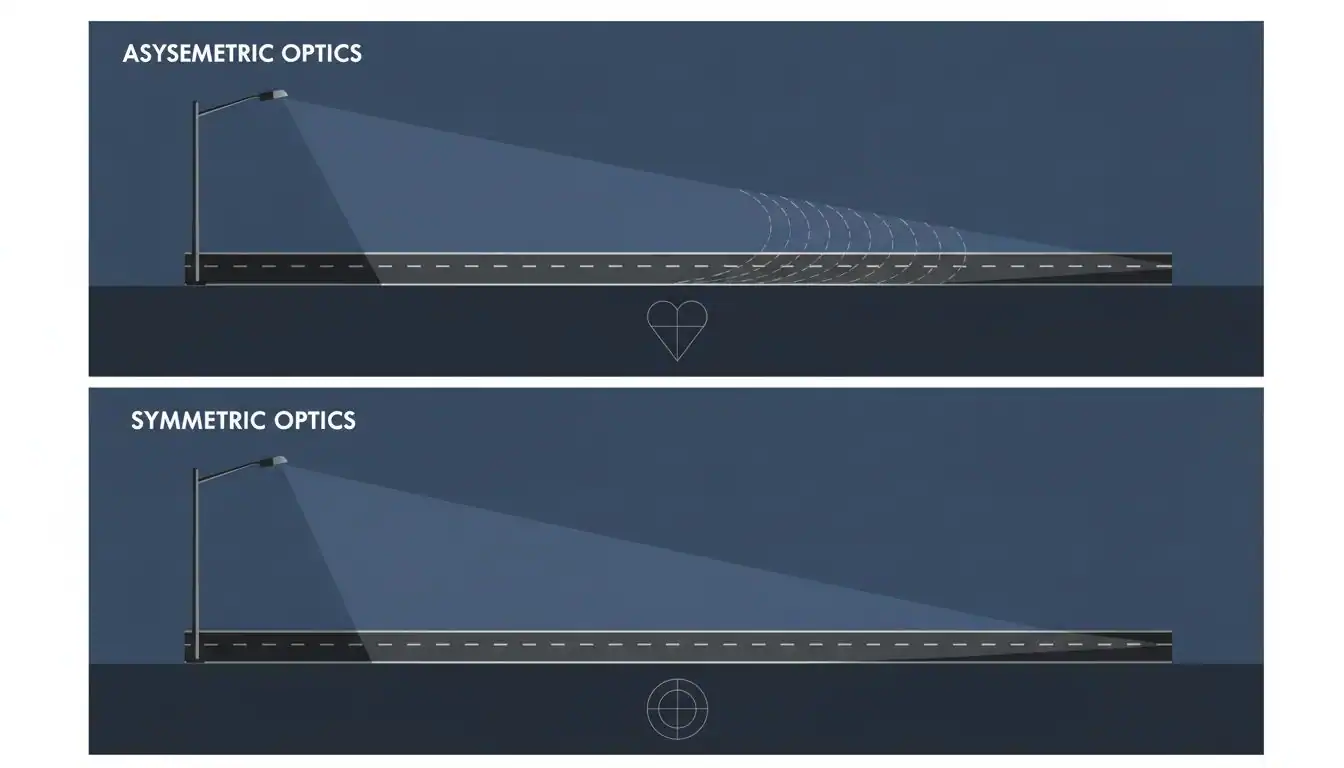 A diagram showing the difference between a symmetric and an asymmetric light distribution pattern on a road.