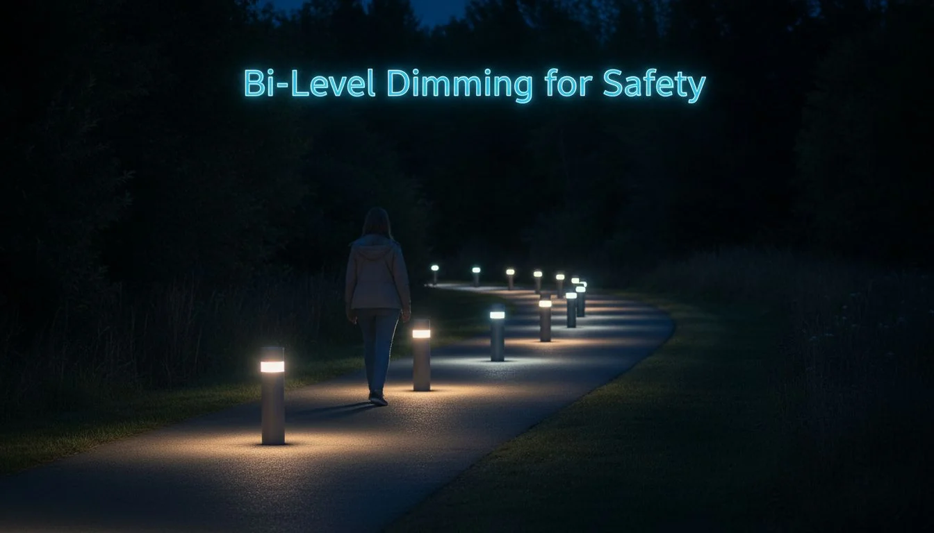A person walking along a path with bi-level dimming lights activating ahead of them