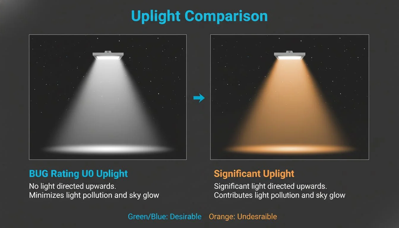 An infographic comparing a U0-rated light fixture to one with significant uplight