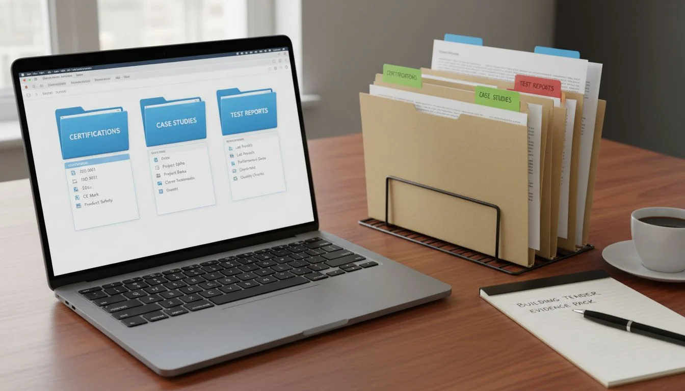 An organized folder system, digital or physical, labeled with evidence categories like 'Certifications', 'Case Studies', 'Test Reports'.