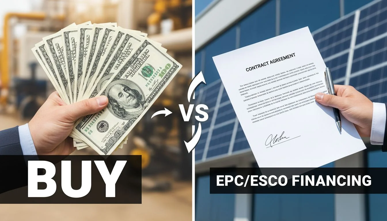 Buy vs EPC/ESCO Financing A split image showing a hand holding cash on one side and a signed contract on the other