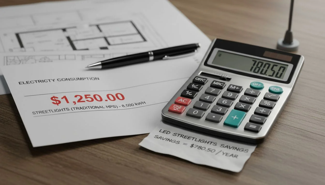 An energy bill next to a calculator showing savings from LED streetlights