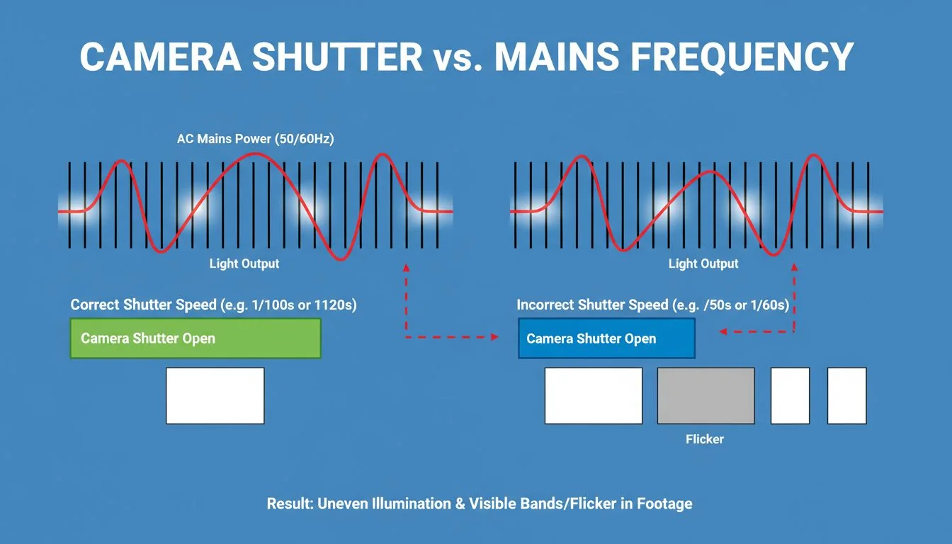 Diagram showing the mismatch between camera shutter and AC power frequency causing flicker