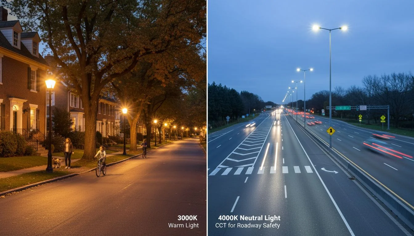 A split image showing a residential street with warm 3000K light and an arterial road with neutral 4000K light