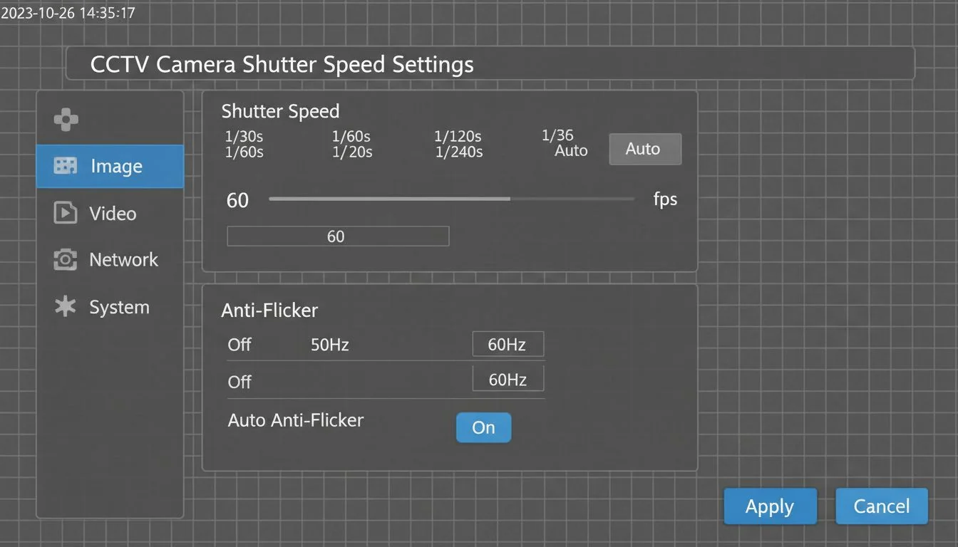 Screenshot of a CCTV camera's settings menu showing shutter speed and anti-flicker options