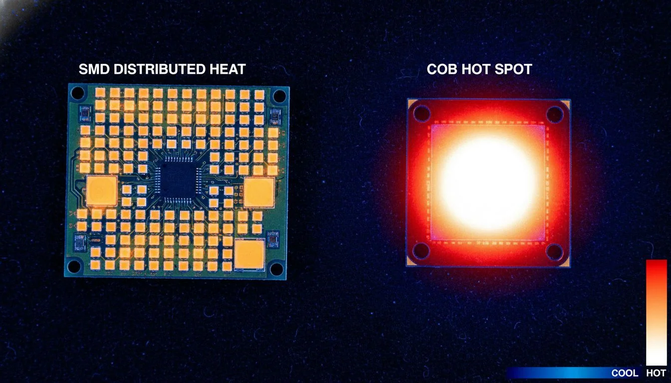 A thermal camera image showing the distributed heat of an SMD board versus the intense hot spot of a COB module.