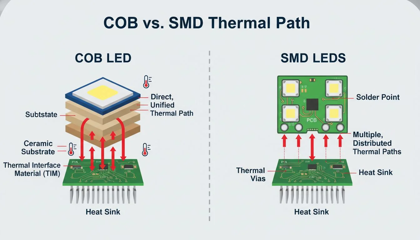 An infographic comparing the thermal path of a COB LED vs. multiple SMD LEDs on a PCB.
