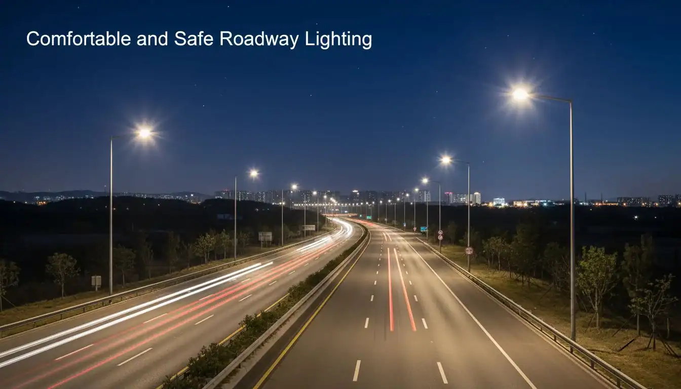 A well-lit highway at night showing clear lane markings and no visible glare from the streetlights.