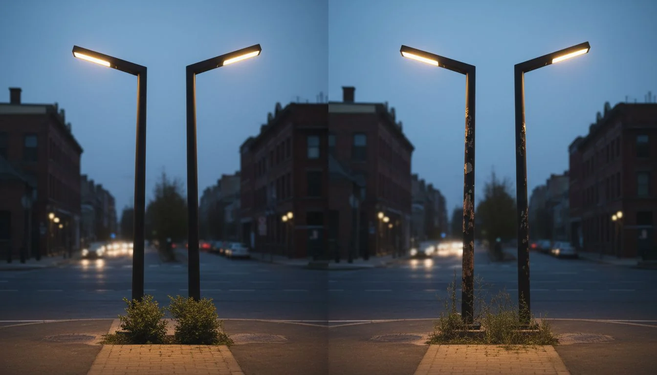 Two identical-looking street lights side by side