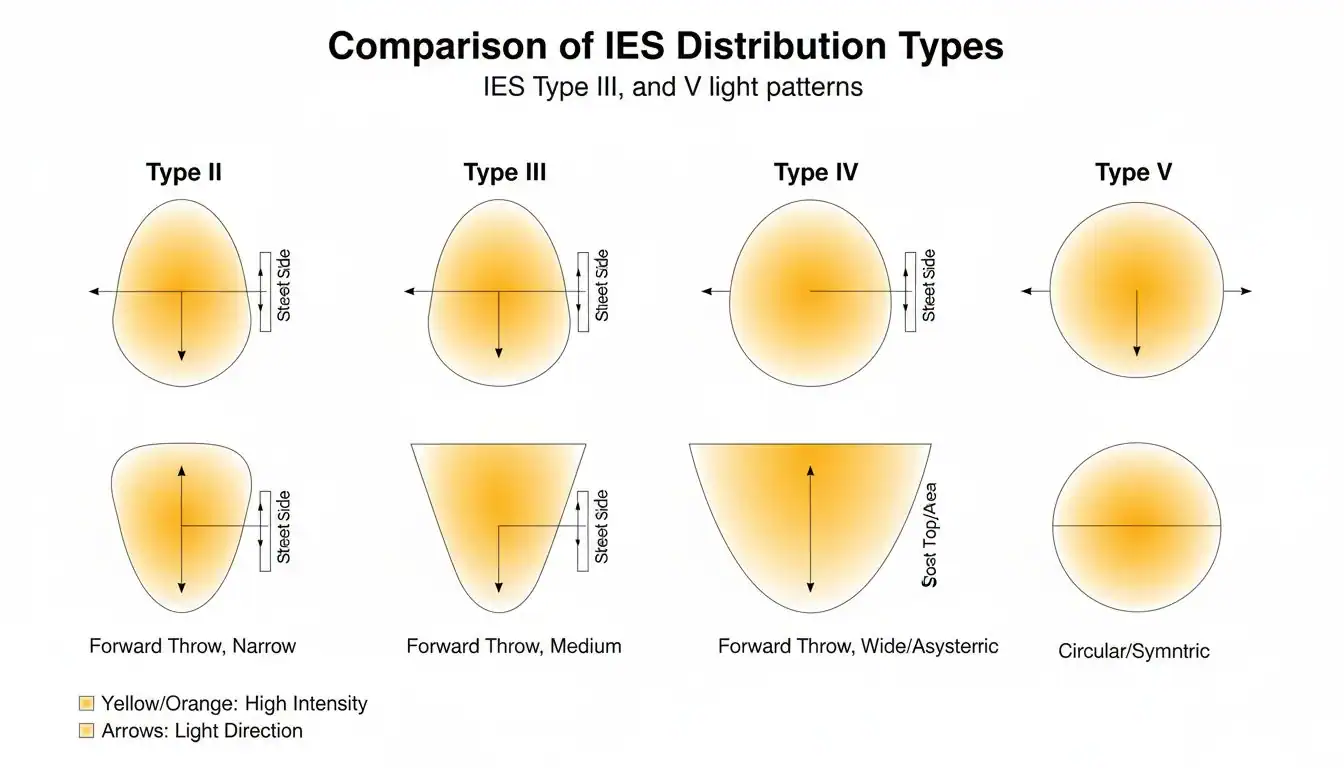 A diagram comparing IES Type II, III, IV, and V light patterns.