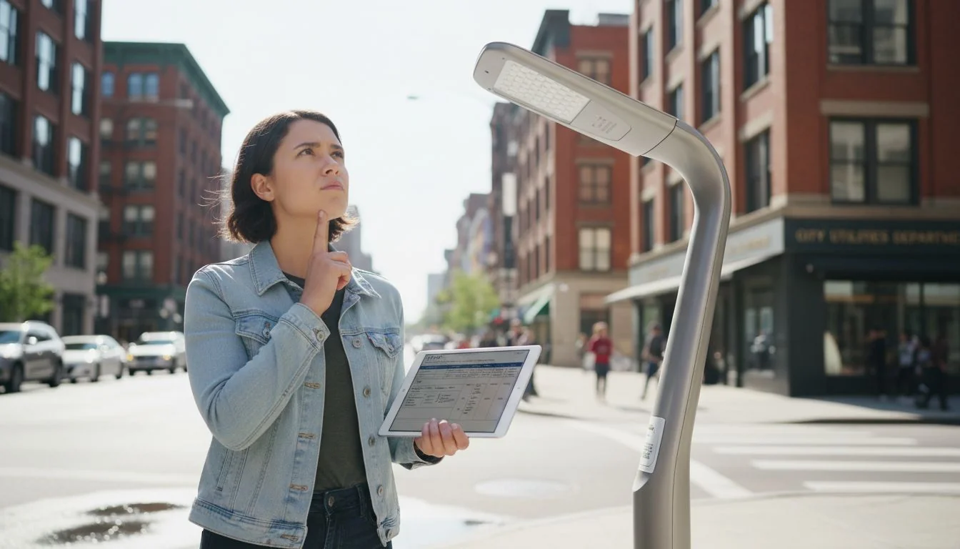 A person looking thoughtfully at a street light during the day