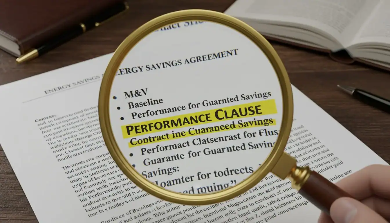 A magnifying glass over a contract document highlighting the terms M&V, Baseline, and Performance Clause