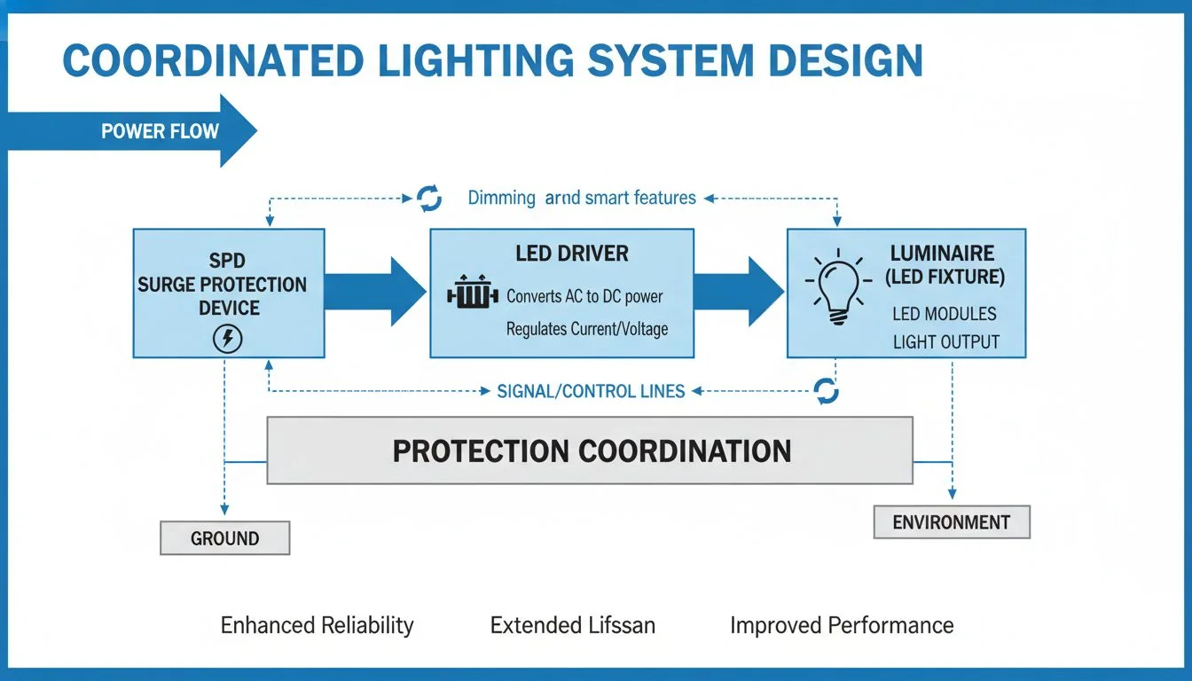 Diagram showing the relationship between SPD, LED Driver, and Luminaire in a lighting system.