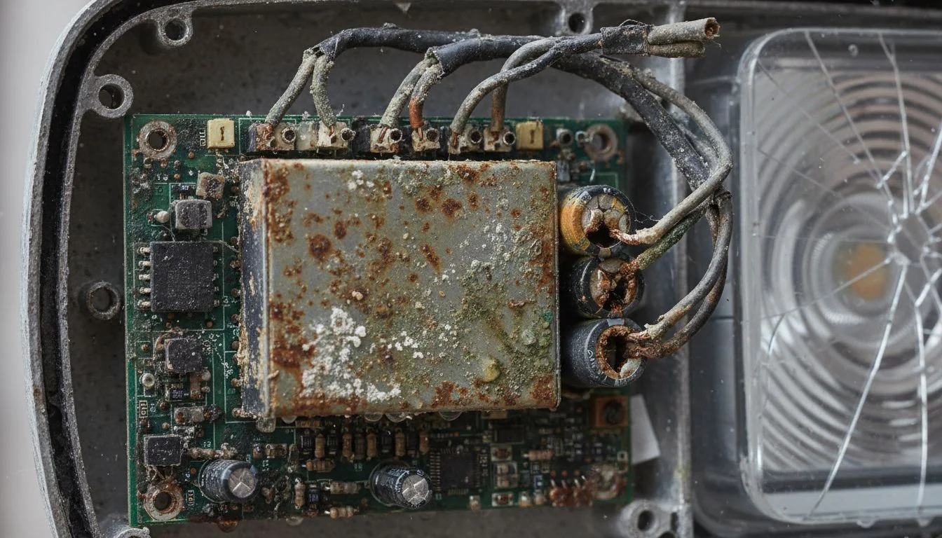 Close-up of a corroded LED driver inside a street light housing