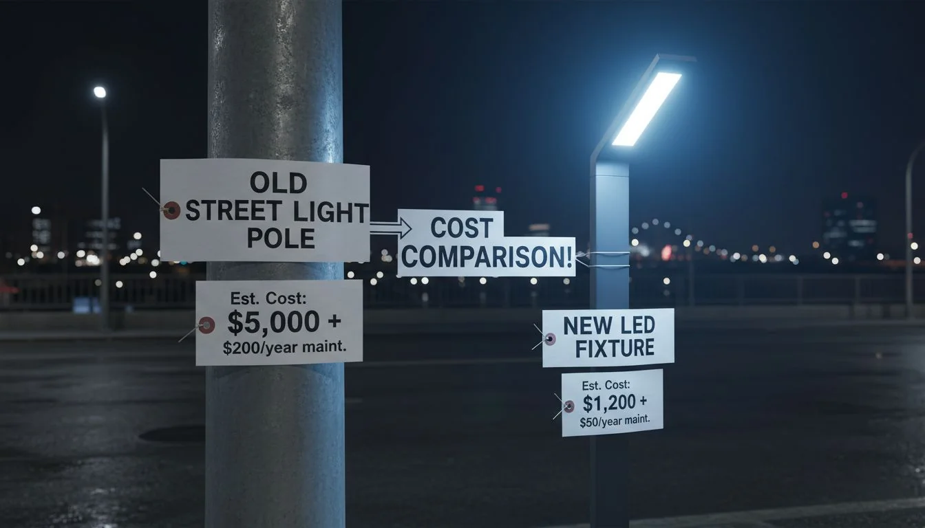 An LED luminaire next to a tall steel pole with price tags
