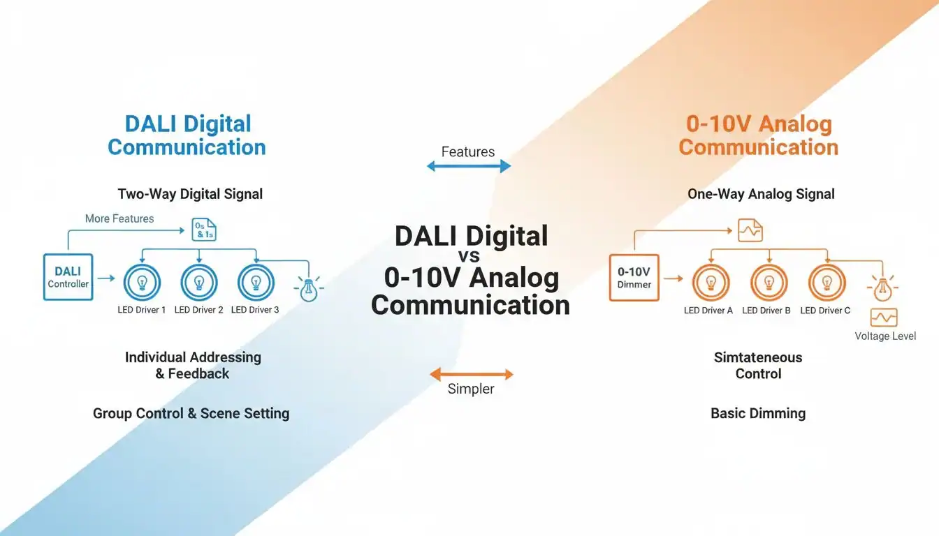 An infographic comparing DALI's two-way digital signal to 0-10V's one-way analog signal