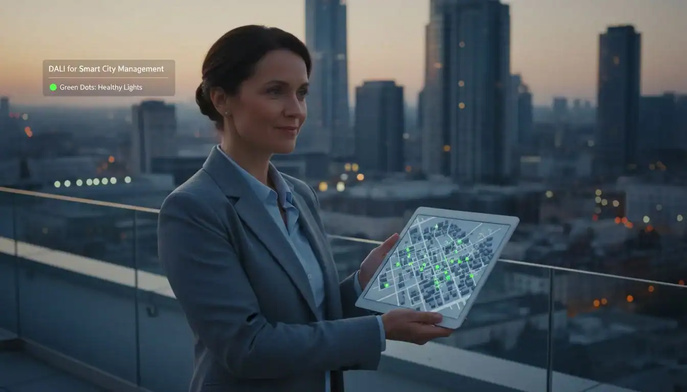 A city manager looking at a tablet displaying a map with green dots representing healthy DALI street lights