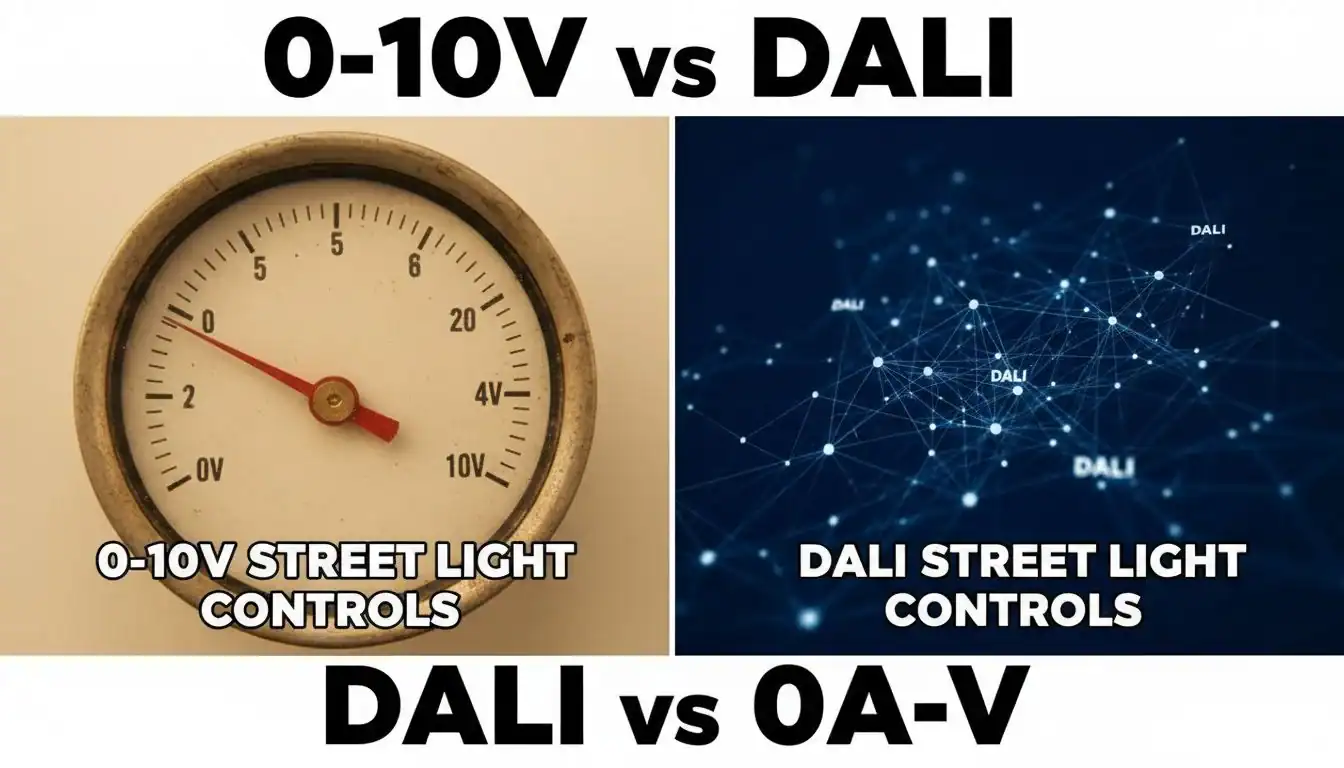 A split image showing a simple analog dial on one side and a digital network graph on the other, representing 0-10V vs DALI