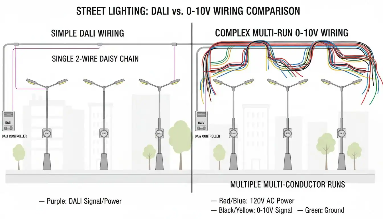 A side-by-side diagram showing simple DALI wiring vs complex multi-run 0-10V wiring for a street