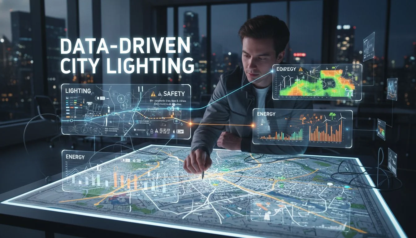 A person looking at a city map with data overlays for lighting, safety, and energy