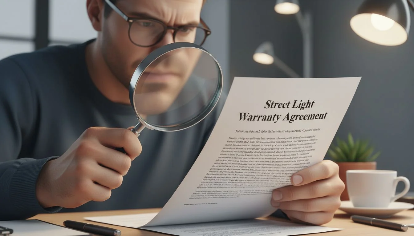 A person reading the fine print of a warranty document with a magnifying glass