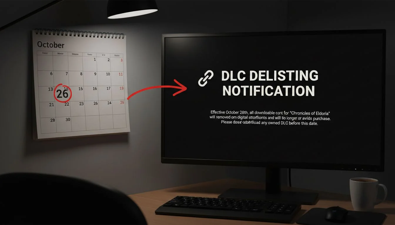 A calendar with a date circled and an arrow pointing to a "DLC Delisted" notification on a computer screen.