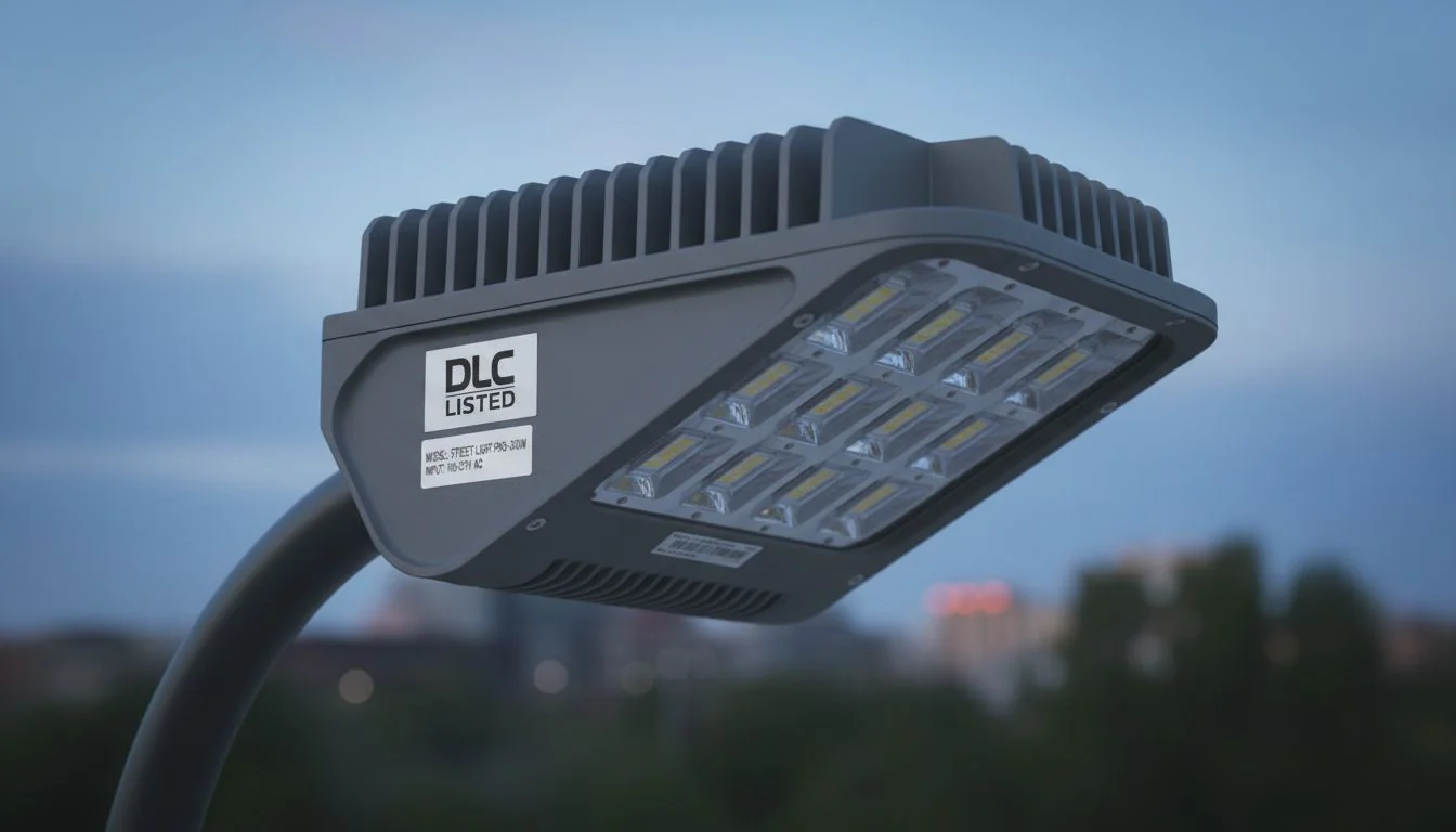 A close-up of a DLC-listed LED street light fixture