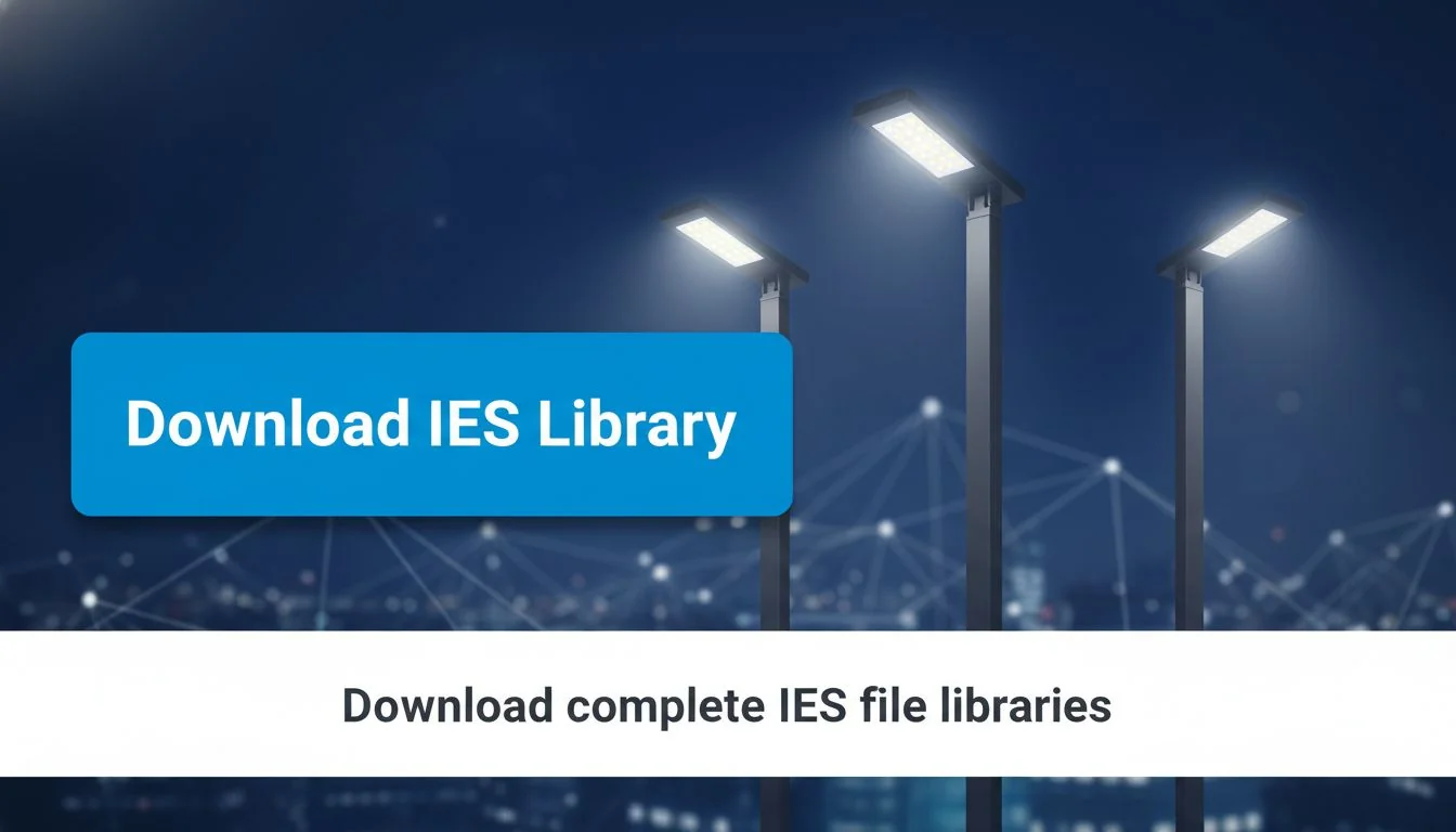 A graphic showing a "Download IES Library" button next to a series of LED pole lights