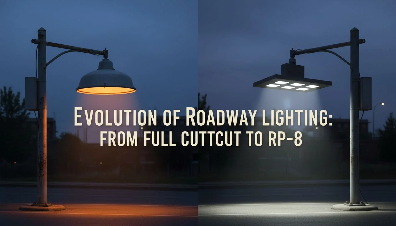 A side-by-side comparison showing an old 'full cutoff' cobra head light next to a modern LED street light designed to RP-8 standards.