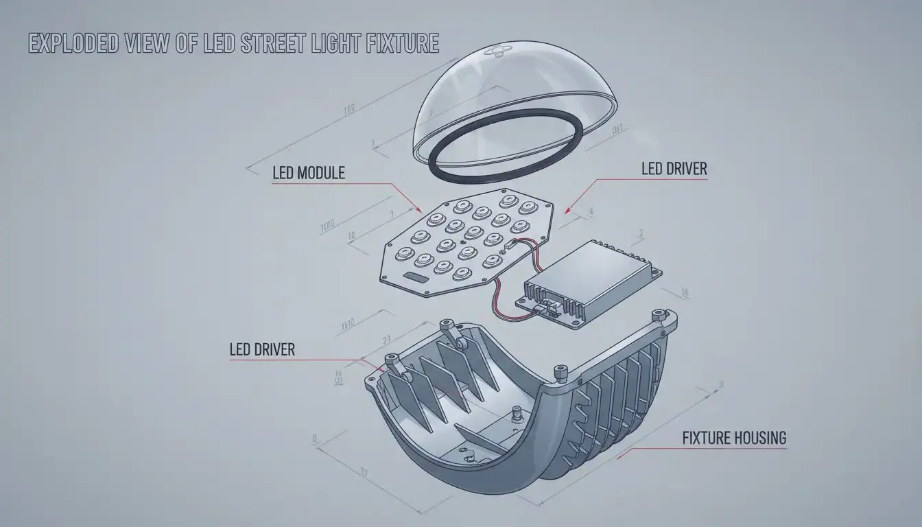 An exploded view of an LED street light fixture showing the LED module, driver, and housing