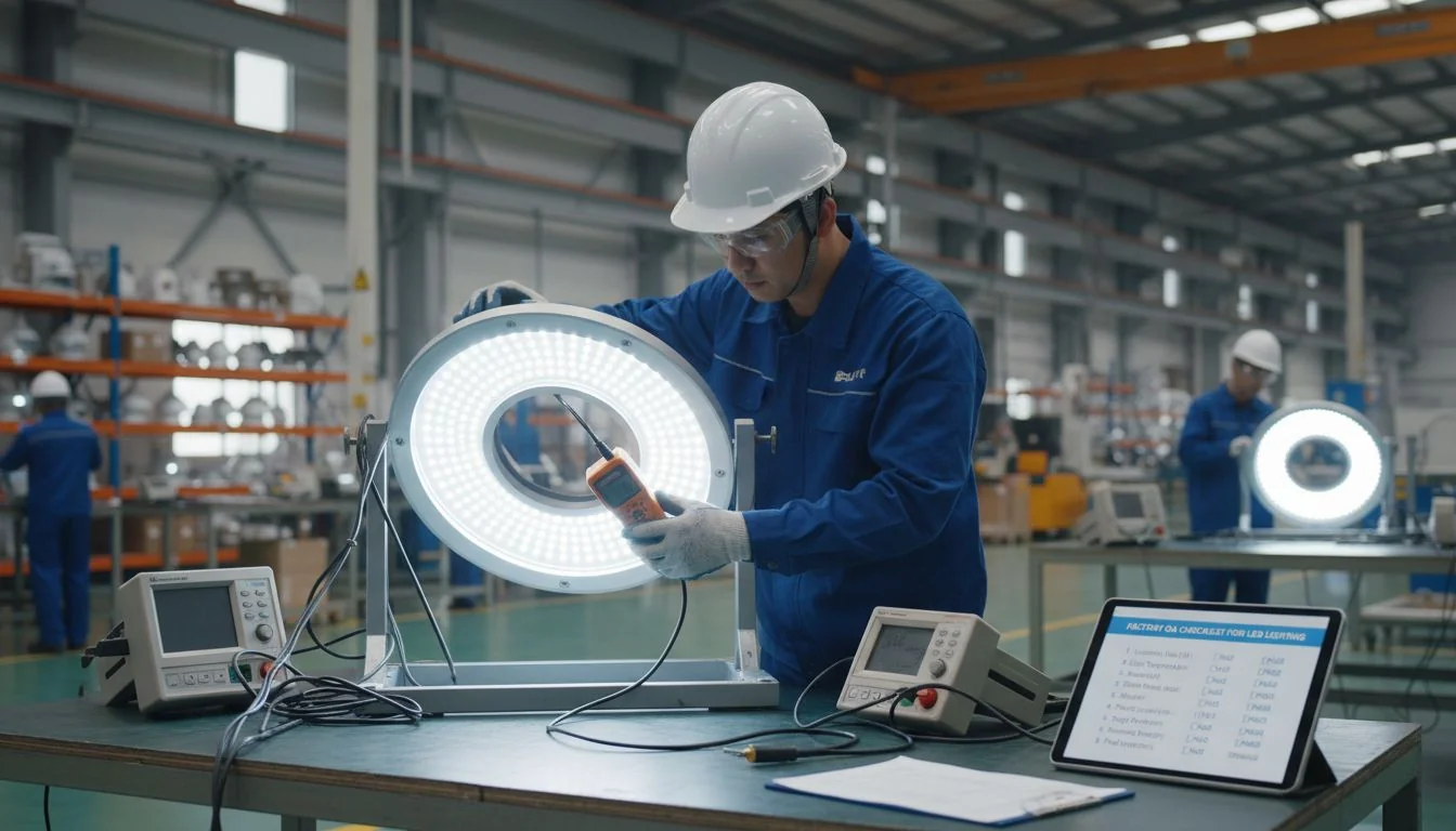 A factory worker in a blue uniform conducting a quality assurance test on an LED high bay light.