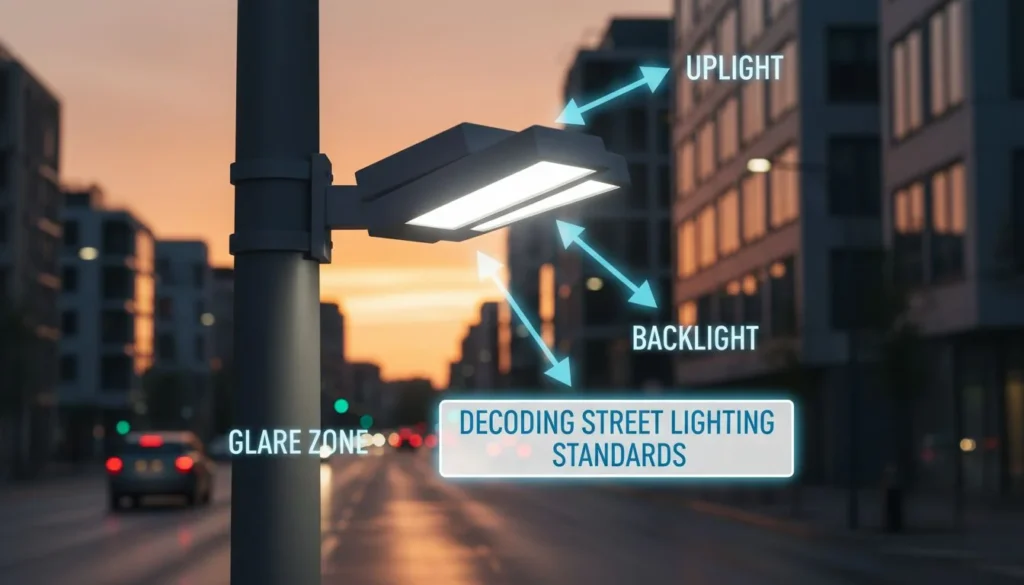 Featured image for One-page street-lighting glossary: BUG, TM-15, RP-8, LM-80, TM-21 (what they mean in practice)