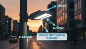 Featured image for One-page street-lighting glossary: BUG, TM-15, RP-8, LM-80, TM-21 (what they mean in practice)