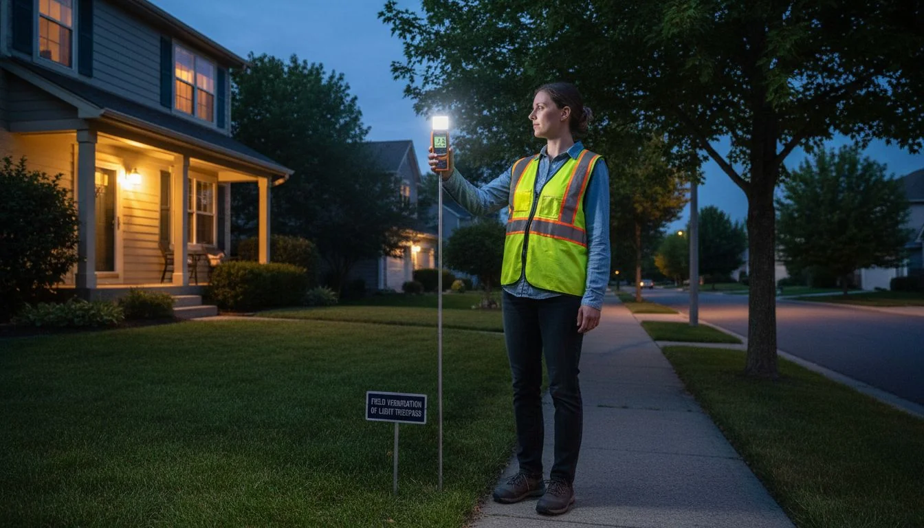 An engineer using a handheld light meter to measure vertical illuminance at the property line of a house next to a street.