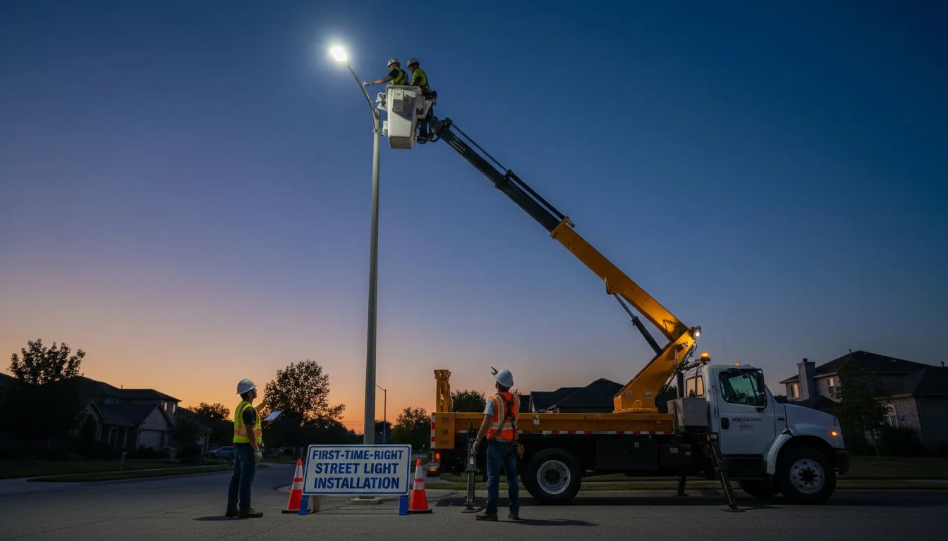 A team of installers working on a street light pole with a bucket truck at dusk.