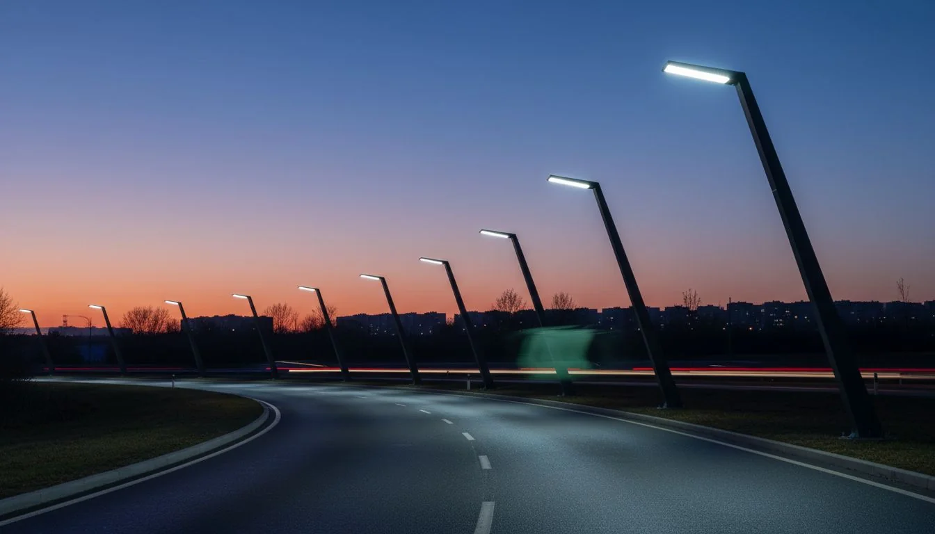 A row of LED street lights at dusk with one light flickering