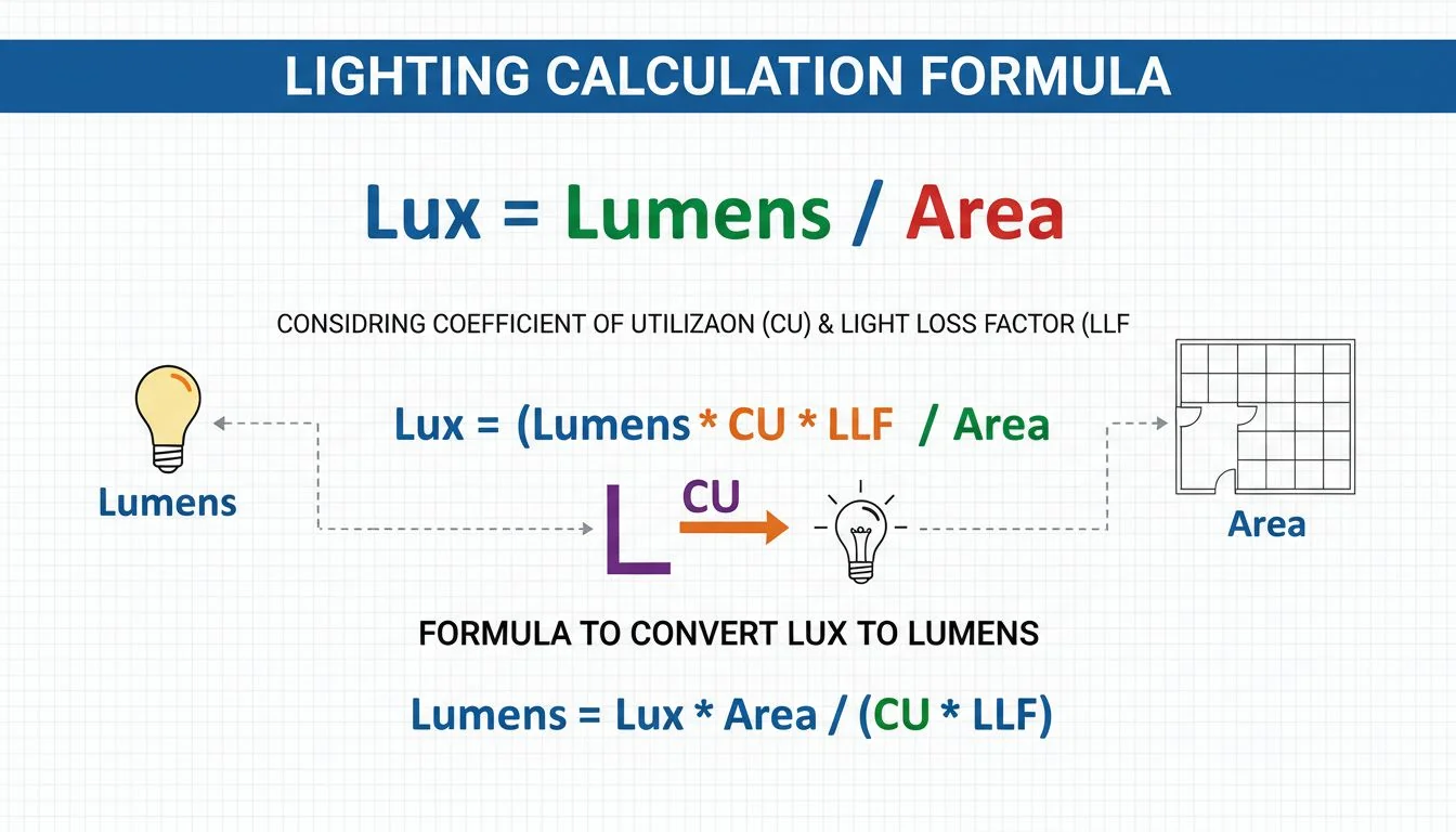 A diagram illustrating the formula Lux = Lumens / Area, with CU and LLF factors