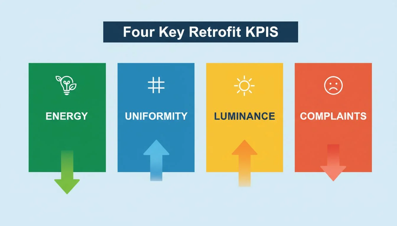 An infographic showing the four key metrics—Energy, Uniformity, Luminance, and Complaints—with arrows indicating the desired change (down for energy/complaints, up for uniformity).