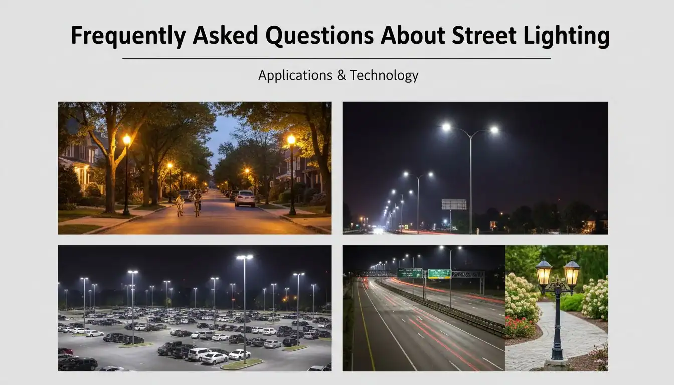 A collage of images showing different street light applications: residential, highway, parking lot