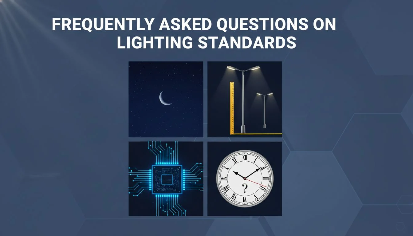A collage of icons representing questions: a dark sky, a ruler between two light poles, a microchip, and a clock.