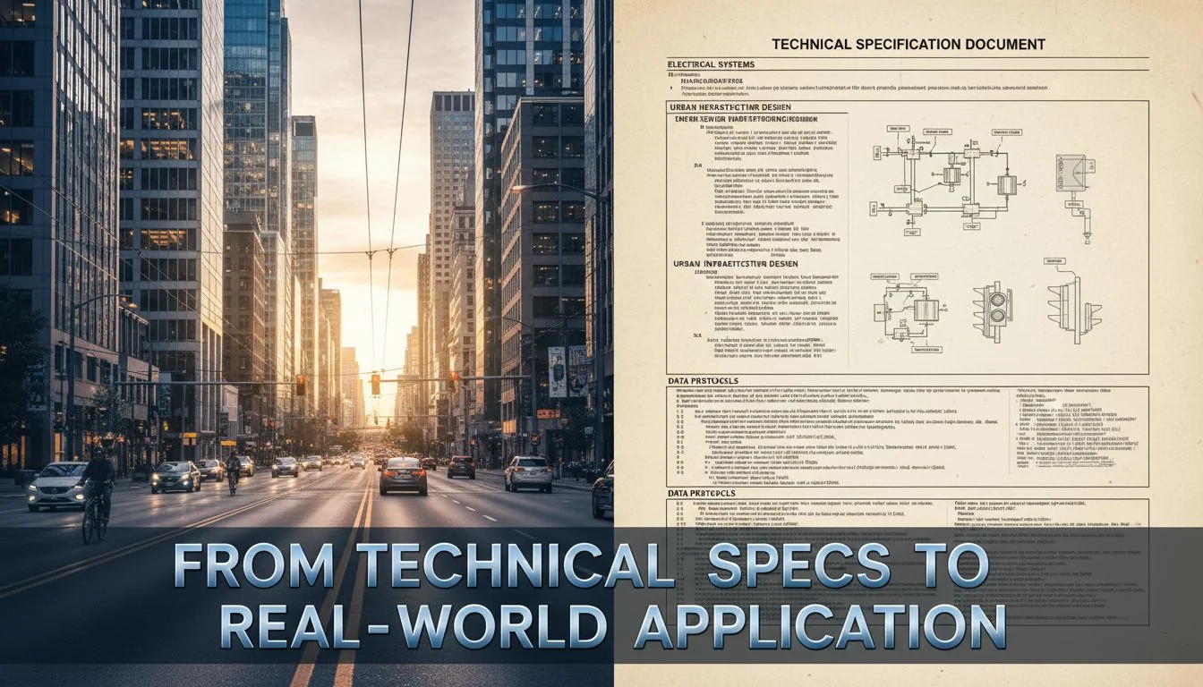 A split image showing a well-lit street on one side and a page from a technical specification document on the other.