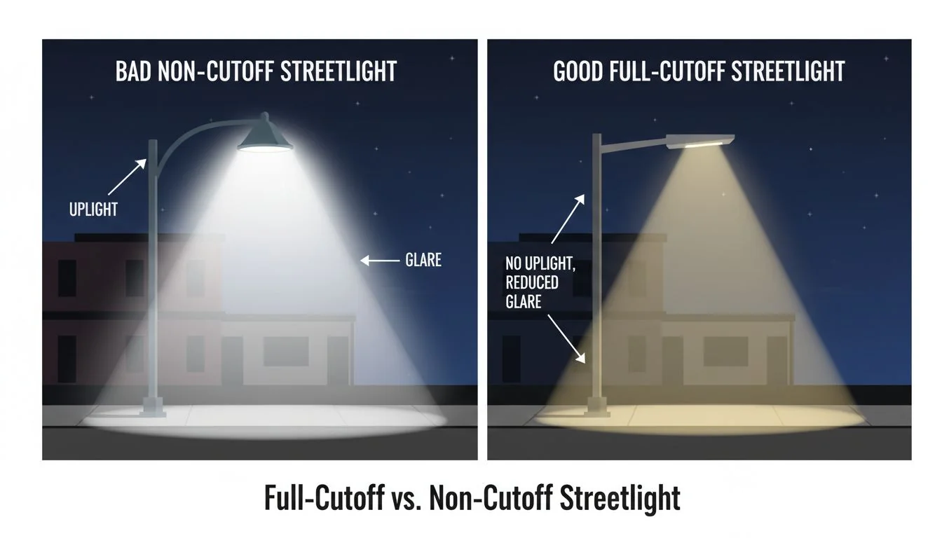 A diagram comparing a bad streetlight with lots of glare and uplight versus a good full-cutoff streetlight.